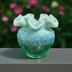 Fenton Green Opalescent Cut & Block Ruffled Glass Vase 4" Vtg Art Glass Decor